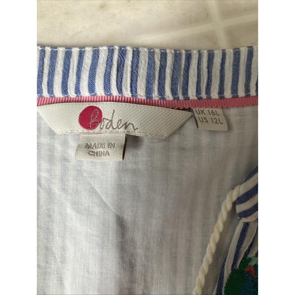 Boden Marla Floral Embroidered Dress 12 L Blue Striped Festival Split Neck Loose - Picture 4 of 5